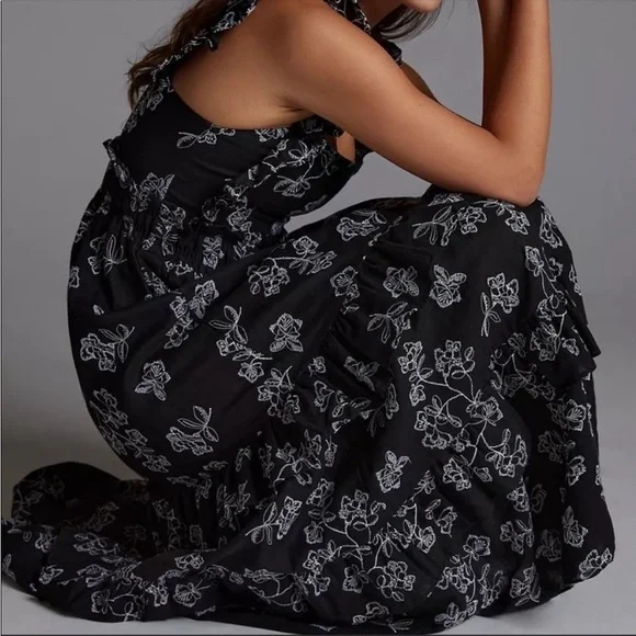 Anthropologie Especia Navy White Floral Embroidered Ruffle Maxi Dress Medium NWT - Picture 6 of 12